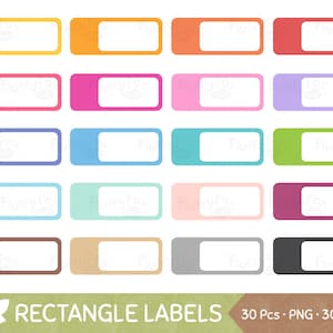 May include: A set of colourful rectangle labels with rounded corners. Each label has a coloured background and a white rectangular space for text. The labels are in various colours, including yellow, orange, pink, purple, blue, green, and brown.