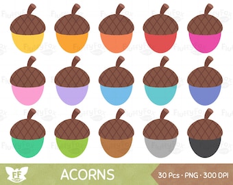 Acorns Clipart, Acorn Clip Art, Autumn Cliparts, Nut Fall Oaknut Oak Pine Wood, Colorful Rainbow Icon PNG Graphic Download Commercial Use