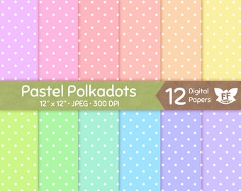 Pastel Rainbow Polkadot Digital Paper, Soft Light Multicolor Dots, Seamless Pattern, Tileable Repeatable Background, Commercial Use