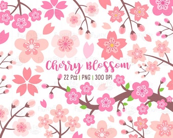 Cherry Blossom Clipart, Sakura Flower Clip Art, Floral Plants Branch Petal Pink Spring Japan Wedding Cute Colorful, Graphic PNG Download