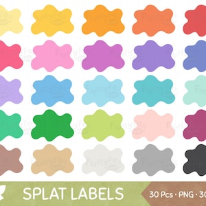 May include: A set of 30 splat-shaped labels in a range of colours, such as yellow, orange, pink, purple, blue, green, and brown. The labels are arranged in a grid formation. The text "SPLAT LABELS" is visible at the bottom of the image.