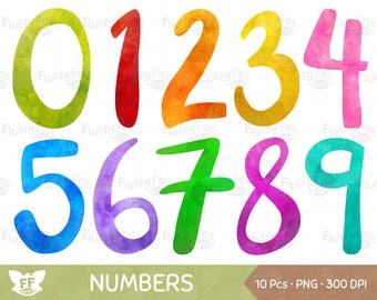 May include: Watercolor numbers 0 through 9 in a variety of bright colors. Each number has a unique gradient, with shades of green, red, orange, yellow, pink, blue, purple, and teal. The word "NUMBERS" is at the bottom.