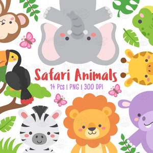 Safari Animals Clipart, Wildlife Animal Clip Art, Wild Cute Colorful Lion Monkey Elephant Zebra Hippo Alligator Giraffe Graphic PNG Download