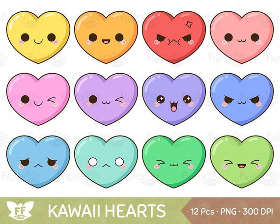 Kawaii Heart Clipart, Cute Hearts Clip Art Valentine Love Funny Happy Face  Pastel Color Rainbow Emoji Expression, Commercial Use 