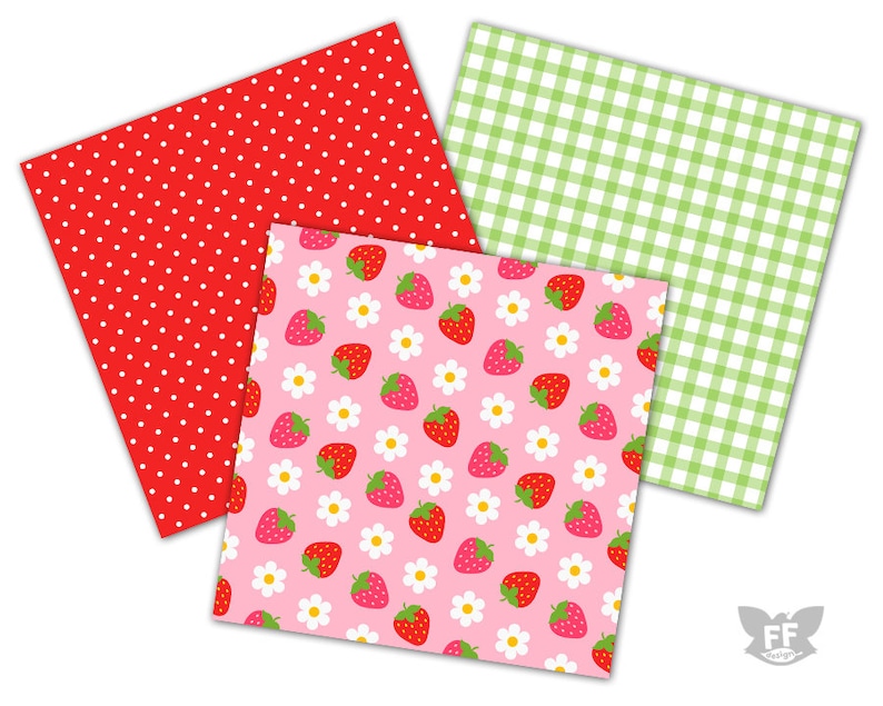 Strawberry Digital Paper, Strawberries Papers, Seamless Pattern, Repeatable Background, Flower Bright Vivid Red Pink Download Commercial Use image 2