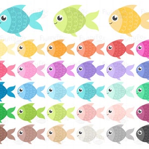Peut inclure: Ensemble de 20 illustrations de poissons de dessin anim&eacute; color&eacute;s. Les poissons sont tous tourn&eacute;s vers la droite et ont un design simple avec un seul &oelig;il et une bouche incurv&eacute;e. Les poissons sont de diff&eacute;rentes couleurs, notamment le bleu, le vert, le jaune, l'orange, le rouge, le rose, le violet et le marron.