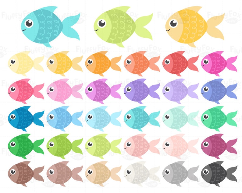 Peut inclure: Ensemble de 20 illustrations de poissons de dessin anim&eacute; color&eacute;s. Les poissons sont tous tourn&eacute;s vers la droite et ont un design simple avec un seul &oelig;il et une bouche incurv&eacute;e. Les poissons sont de diff&eacute;rentes couleurs, notamment le bleu, le vert, le jaune, l'orange, le rouge, le rose, le violet et le marron.