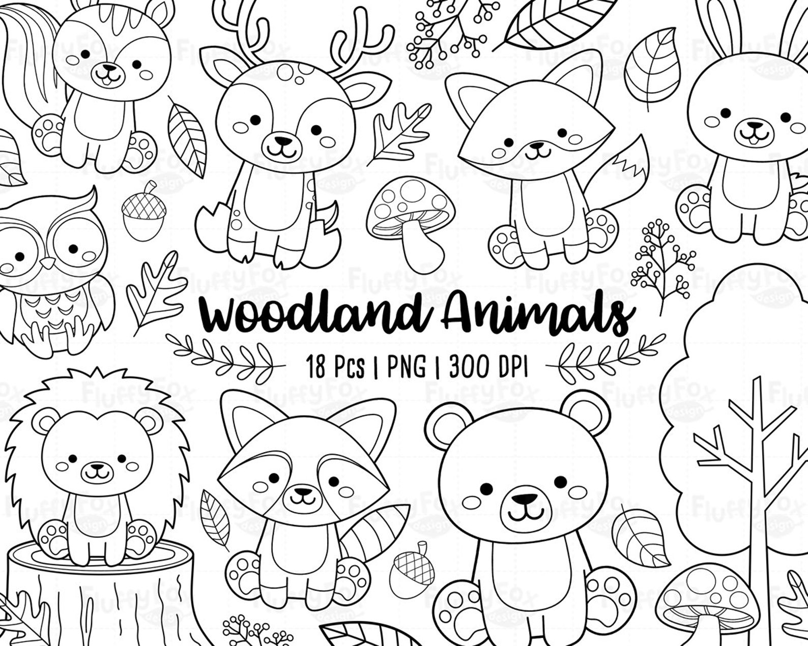Woodland Animals Digital Stamp Forest Kids Coloring Cute - Etsy