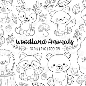 Bosque animales sello digital, bosque niños para colorear, lindo lineal fox ciervo ardilla mapache conejo búho oso erizo gráfico PNG Descargar