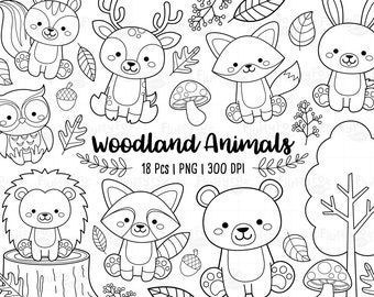 Woodland Animals Digital Stamp, Forest Kids Coloring, Cute Lineart Fox Deer Squirrel Raccoon Rabbit Owl Bear Hedgehog Graphic PNG Download