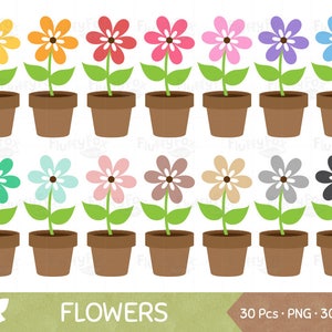 Op de afbeelding: Een verzameling kleurrijke cartoonbloemen in bruine potten. Elke bloem heeft een andere kleur, waaronder geel, oranje, rood, roze, paars en blauw. De afbeelding bevat ook het woord "FLOWERS".