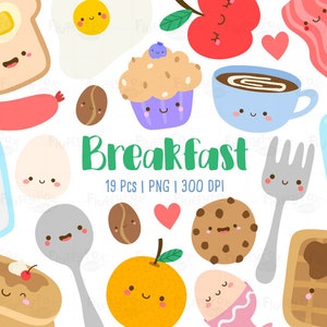 Kawaii Ontbijt Clipart, Cute Food Drink, Cartoon Meal Cutlery Morning Eat Cooking Coffee Bacon Juice Apple Milk Egg, PNG Graphic Download