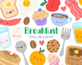 Kawaii Breakfast Clipart, Cute Food Drink, Cartoon Meal Cutlery Morning Eat Cooking Coffee Bacon Juice Apple Milk Egg, PNG Graphic Download