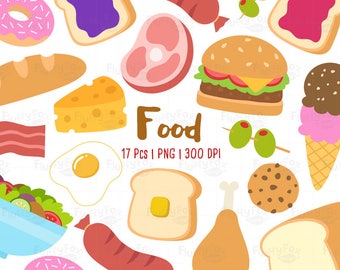 May include: A collection of 17 colorful cartoon food illustrations, including a donut, a hamburger, a fried egg, a slice of cheese, a sausage, a chicken leg, a cookie, a bowl of salad, a slice of bread, a piece of bacon, a piece of ham, a piece of toast with jam, a piece of toast with jelly, a piece of toast with butter, and two green olives on a stick. The text "Food 17 Pcs | PNG | 300 DPI" is at the bottom of the image.