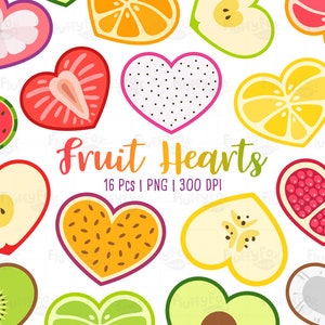 Fruit Harten Clipart, Hartvruchten Illustraties, Kiwi Banana Aardbei Appel Watermeloen Citroen Limoen Oranje Citrus, Schattige Grafische PNG Download