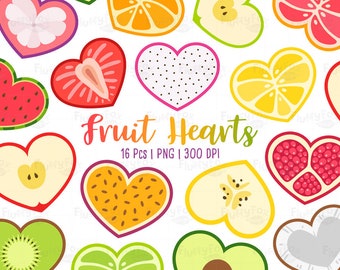 Fruit Hearts Clipart, Heart Fruits Clip Art, Kiwi Banana Strawberry Apple Watermelon Lemon Lime Orange Citrus, Cute Graphic PNG Download