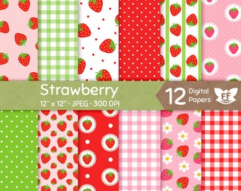 Strawberry Digital Paper, Strawberries Papers, Seamless Pattern, Repeatable Background, Flower Bright Vivid Red Pink Download Commercial Use