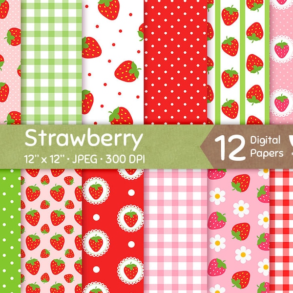 Strawberry Digital Paper, Strawberries Papers, Seamless Pattern, Repeatable Background, Flower Bright Vivid Red Pink Download Commercial Use