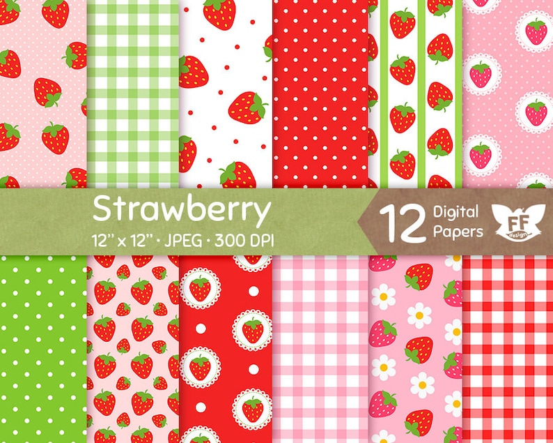 Strawberry Digital Paper, Strawberries Papers, Seamless Pattern, Repeatable Background, Flower Bright Vivid Red Pink Download Commercial Use image 1