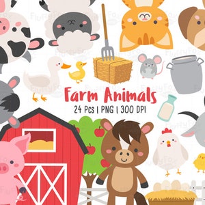 Farm Animals Clipart, Livestock Animal Clip Art, Domestic Cute Colorful Pet Ranch Barn Horse Pig Cow Sheep Chicken Duck Graphic PNG Télécharger