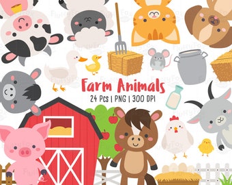 Farm Animals Clipart, Livestock Animal Clip Art, Domestic Cute Colorful Pet Ranch Barn Horse Pig Cow Sheep Chicken Duck Graphic PNG Download