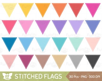 Stitched Triangle Flags Clipart, Flag Banners Clip Art, Pennant Bunting Rainbow Graphic Tag Label, Digital PNG Download, Commercial Use