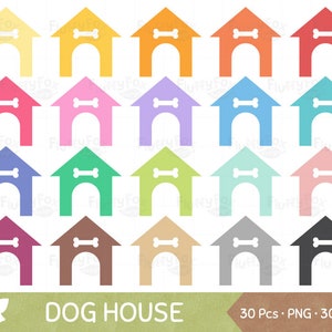 May include: A collection of colorful dog house illustrations in various shades, including yellow, orange, red, pink, purple, blue, green, and brown. Each house features a bone-shaped cutout and is set against a white background. The text "DOG HOUSE" is at the bottom.