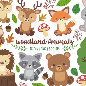 Woodland Animals Clipart, Forest Animal Clip Art, Wild Cute Garden Fox Deer Squirrel Raccoon Rabbit Owl Bear Hedgehog Graphic PNG Download image 1