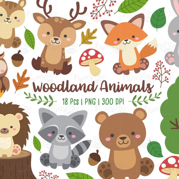 Woodland Animals Clipart, Forest Animal Clip Art, Wild Cute Garden Fox Deer Squirrel Raccoon Rabbit Owl Bear Hedgehog Graphic PNG Download