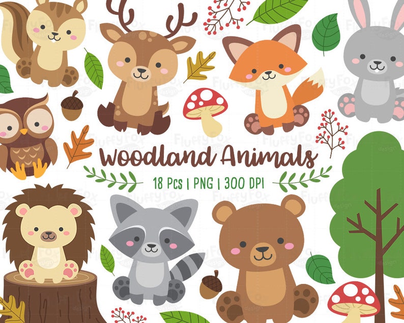 Woodland Animals Clipart, Forest Animal Clip Art, Wild Cute Garden Fox Deer Squirrel Raccoon Rabbit Owl Bear Hedgehog Graphic PNG Download image 1