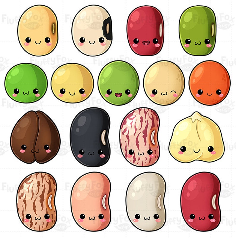 Kawaii Beans Clipart, Cute Bean Faces Clip Art, Seeds Cartoon Food ...