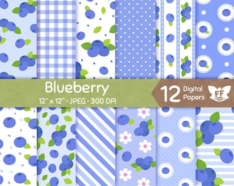 Blueberry Digital Paper, Blueberries Papers, Berry Seamless Pattern Repeatable Background, Flower Fruit Bright Soft Blue Image Download