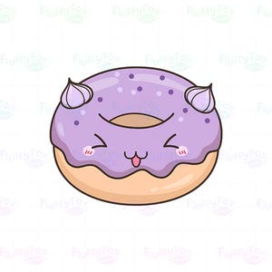 May include: A cartoon illustration of a smiling donut with purple frosting, small purple sprinkles, and two dollops of frosting. The donut has a light brown base and a hole in the center. The donut has a cute, happy face.