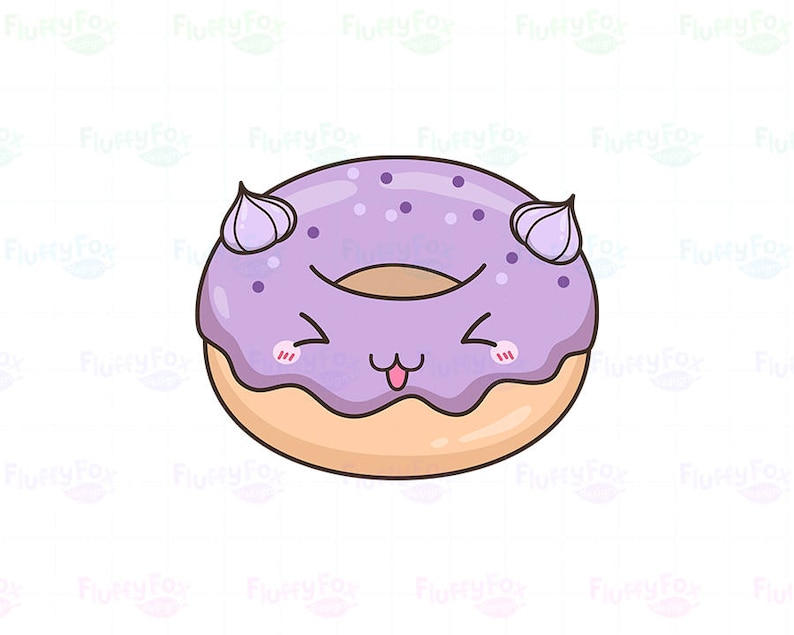 May include: A cartoon illustration of a smiling donut with purple frosting, small purple sprinkles, and two dollops of frosting. The donut has a light brown base and a hole in the center. The donut has a cute, happy face.
