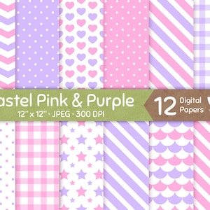 May include: Twelve digital papers in pastel pink and purple with various patterns, including polka dots, stripes, hearts, stars, and gingham. The papers are 12 inches by 12 inches and 300 DPI.