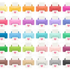 May include: A set of 25 colorful printer icons with a heart shape in the middle of each printer. The printers are all in different colors, including red, orange, yellow, green, blue, purple, pink, and brown.