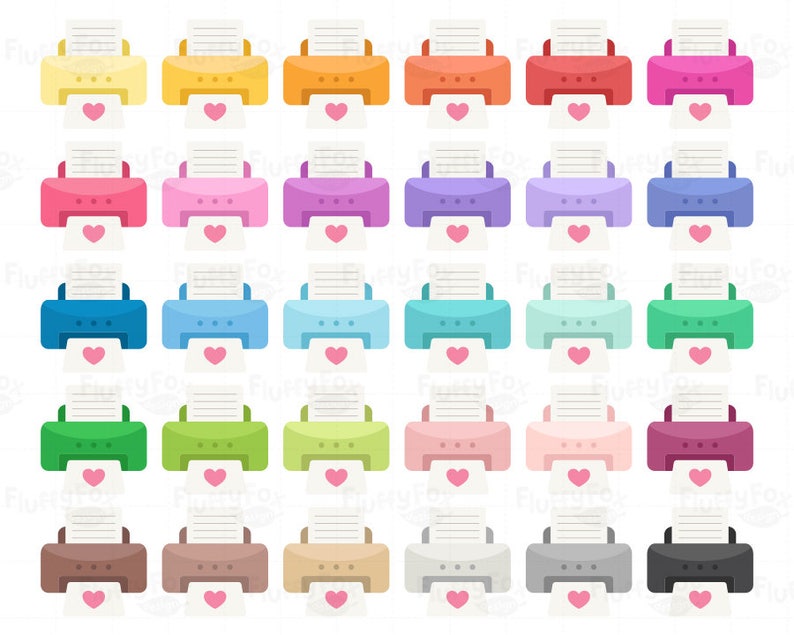 May include: A set of 25 colorful printer icons with a heart shape in the middle of each printer. The printers are all in different colors, including red, orange, yellow, green, blue, purple, pink, and brown.