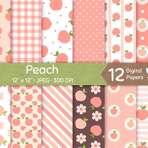 Peach Digital Paper, Peaches Papers, Seamless Pattern Repeatable Background, Flower Fruit Bright Vivid Soft Pastel Coral Pink Image Download image 1