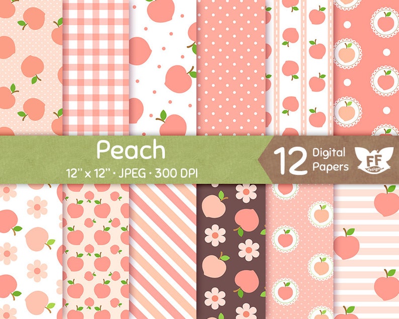 Peach Digital Paper, Peaches Papers, Seamless Pattern Repeatable Background, Flower Fruit Bright Vivid Soft Pastel Coral Pink Image Download image 1