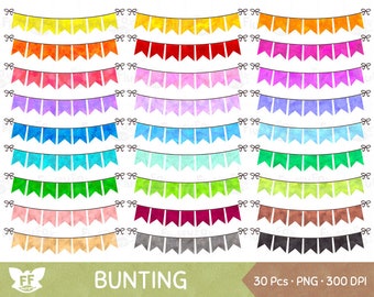 Watercolor Bunting Flag Clipart, Party Banner Clip Art, Pennant Textured Colorful Rainbow Graphic Birthday Seamless, Digital PNG Download