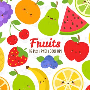 Kawaii Fruits Clipart, Fruit Clip Art, Grape Banana Pineapple Pomme Pastèque Citron Fraise Cerise Orange Citrus Graphique PNG Télécharger