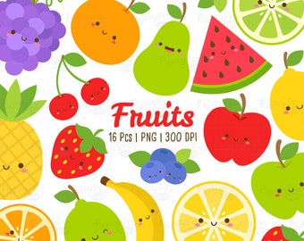 Kawaii Fruits Clipart, Fruit Clip Art, Grape Banana Pineapple Apple Watermelon Lemon Strawberry Cherry Orange Citrus Graphic PNG Download