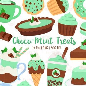 Puede incluir: Un conjunto de 14 ilustraciones digitales de golosinas de chocolate y menta. Las ilustraciones incluyen una galleta con chispas de chocolate, una magdalena de chocolate, un batido de chocolate, un cono de helado de chocolate, una dona de chocolate, un pastel de chocolate, un pastel de chocolate, una mousse de chocolate, un pudín de chocolate, un brownie de chocolate, una barra de chocolate, una galleta con chispas de chocolate, una magdalena de chocolate y un batido de chocolate. Las ilustraciones son de estilo de dibujos animados y son perfectas para usar en scrapbooking digital, creación de tarjetas y otros proyectos de manualidades.