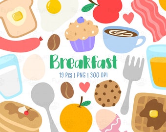 Breakfast Clipart Set, Cute Food & Drink, Cartoon Meal Cutlery Morning Eat Cooking Coffee Bacon Juice Apple Milk Egg, PNG Graphic Download