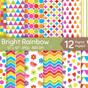 Rainbow Digital Paper, Bright Bold Color Papers, Seamless Pattern, Colorful Tileable Background, Digital Craft, Commercial Use image 1