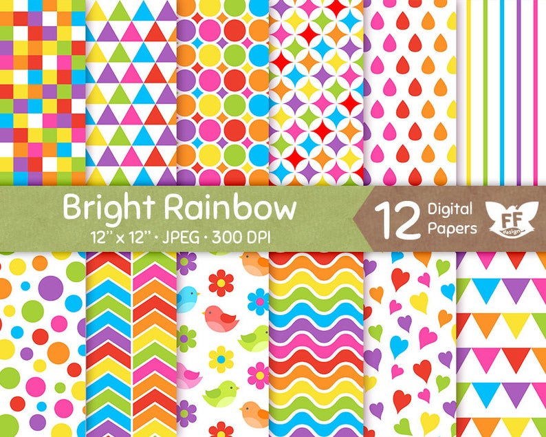 Rainbow Digital Paper, Bright Bold Color Papers, Seamless Pattern, Colorful Tileable Background, Digital Craft, Commercial Use image 1