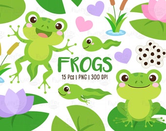 Frogs Clipart, Pond Animals Clip Art, Tadpole Froglet Egg-Masses Water Lily Pads Aquatic Amphibian Wild Cute Colorful, Graphic PNG Télécharger