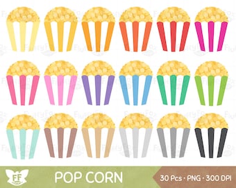 Może przedstawiać: Kolekcja kolorowych pojemników na popcorn wypełnionych popcornem. Pojemniki są w paski w różnych kolorach, w tym żółtym, pomarańczowym, czerwonym, różowym, fioletowym, niebieskim, zielonym i brązowym. Obraz zawiera tekst "POP CORN".