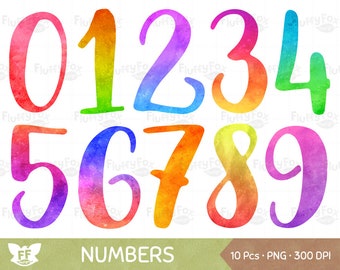 Watercolor Number Clipart, Ombre Painted Numbers Clip Art, Kids Learning School Faux Rainbow Graphic PNG Digital Download, Utilisation commerciale