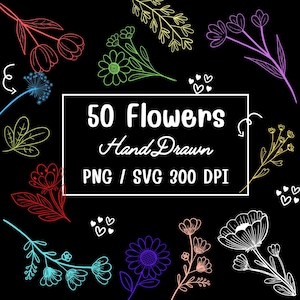 50 Hand Drawn Flower SVG Clipart: Floral Designs (Digital Download)